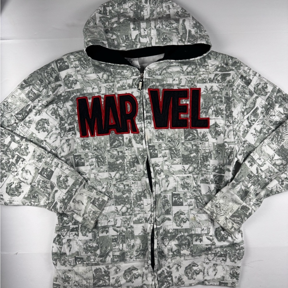 Universal Marvel All-Over Comic Print Zip Hoodie - Gray/Black with Red Logo